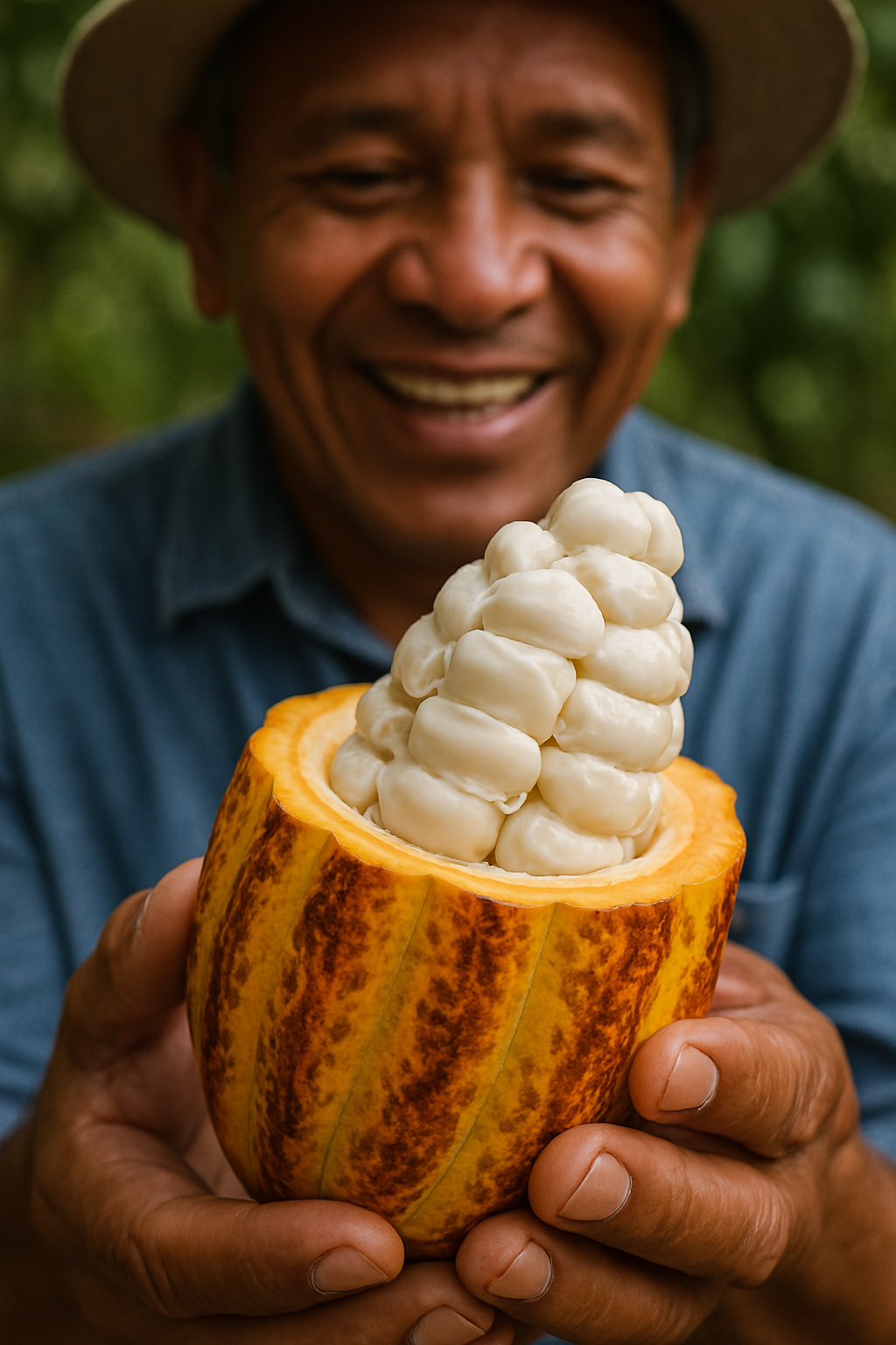 Farmer holding a fresh cocoa pod