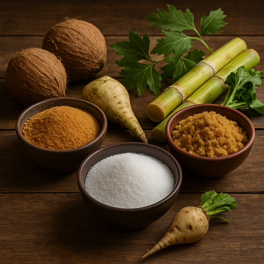Three bowls of sugarbeet sugar, coconut sugar and sugar cane on a table 