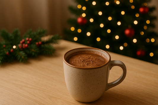 A cup of hot cocoa on a festive table