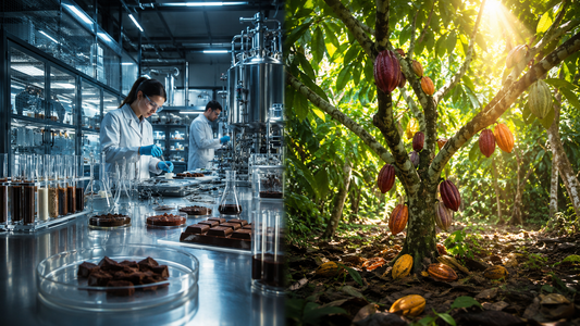 Image of lab making artificial chocolate vs natural cocoa tree