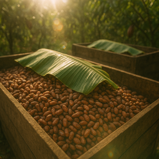 Cocoa beans fermenting in a wooden box