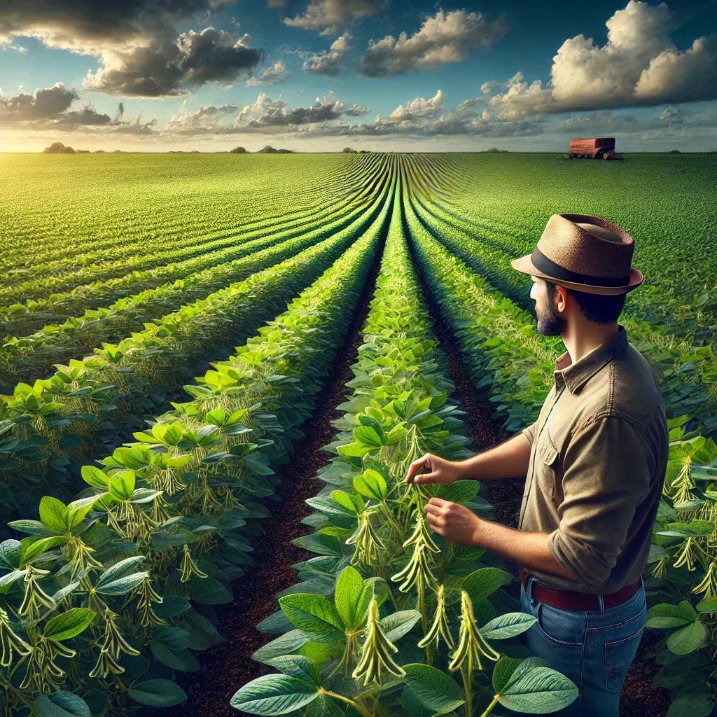 A farmer at a soybean plantation