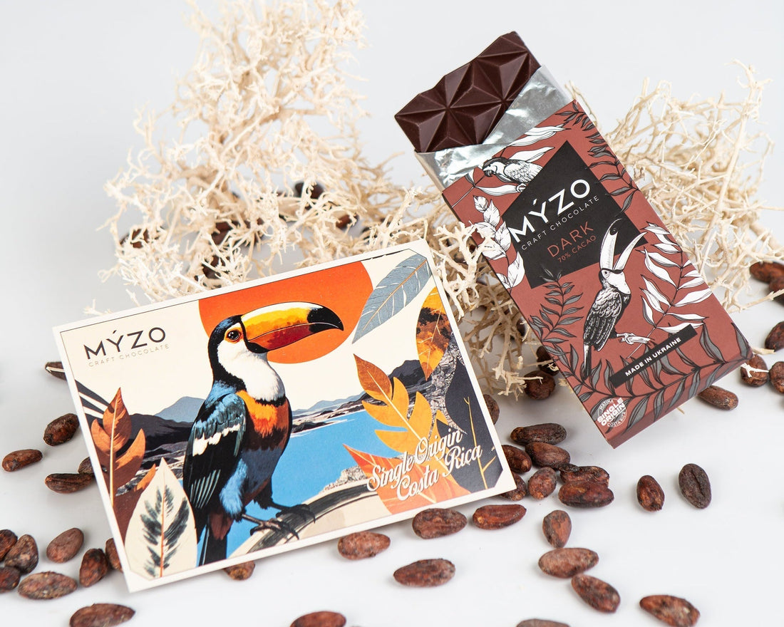 Темний шоколад Myzo, какао боби і листівка